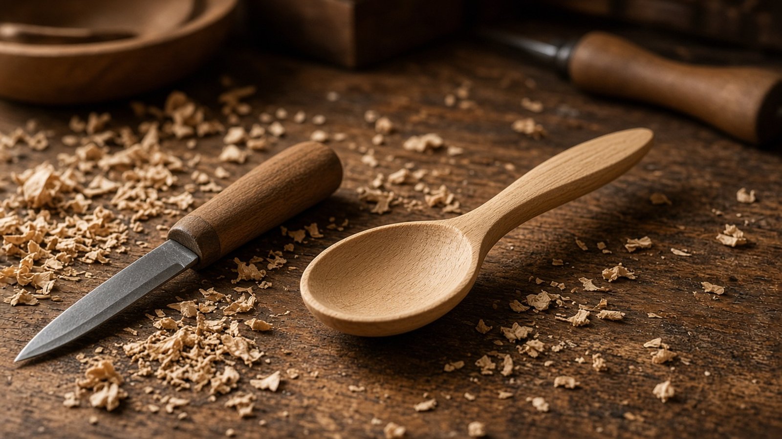 Wood carving bench with spoon and shavings