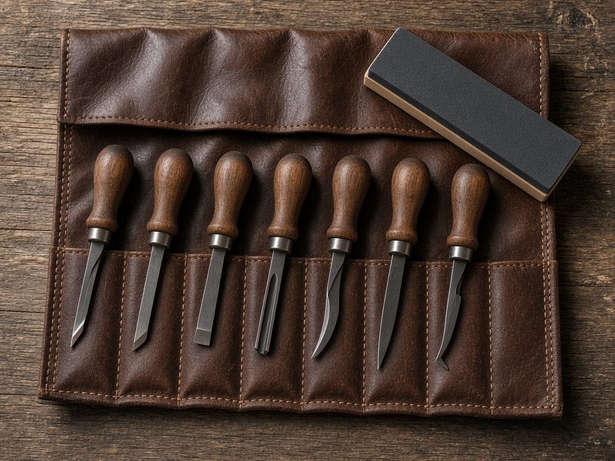 Carving knives on a leather roll