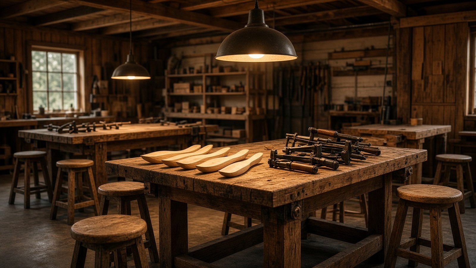 Community woodcraft workshop benches